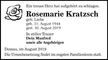 Traueranzeige von Rosemarie Kratzsch von Mitteldeutsche Zeitung Dessau-Roßlau / Weißenfels