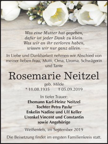 Traueranzeige von Rosemarie Neitzel von Wochenspiegel Weißenfels