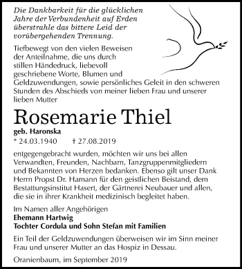 Traueranzeige von Rosemarie Thiel von Mitteldeutsche Zeitung Wittenberg