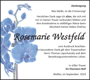 Traueranzeige von Rosemarie Westfeld von Mitteldeutsche Zeitung Bitterfeld