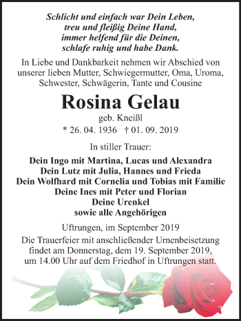 Traueranzeige von Rosina Gelau von Super Sonntag Sangerhausen