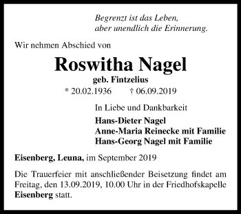 Traueranzeige von Roswitha Nagel von Mitteldeutsche Zeitung Merseburg/Querfurt