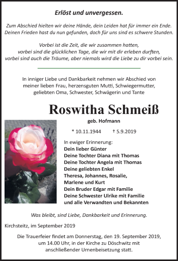 Traueranzeige von Roswitha Schmeiß von Super Sonntag Zeitz