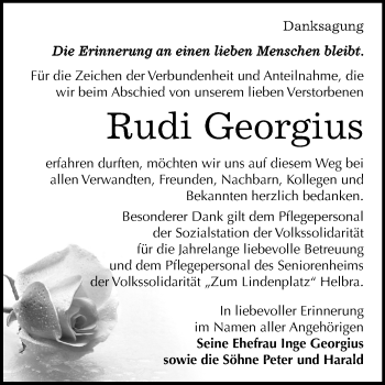 Traueranzeige von Rudi Georgius von Mitteldeutsche Zeitung Mansfelder Land