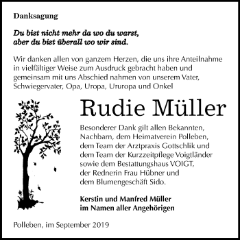 Traueranzeige von Rudie Müller von Wochenspiegel Mansfelder Land