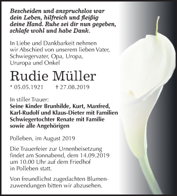 Traueranzeige von Rudie Müller von Mitteldeutsche Zeitung Mansfelder Land