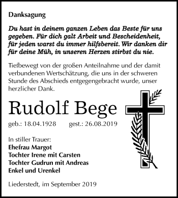 Traueranzeige von Rudolf Bege von Super Sonntag Naumburg/Nebra
