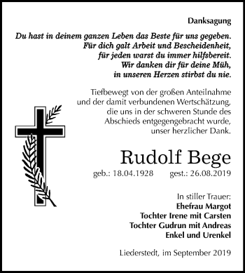 Traueranzeige von Rudolf Bege von Super Sonntag Merseburg/Querfurt