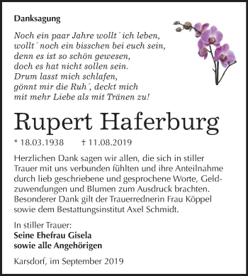 Traueranzeige von Rupert Haferburg von Wochenspiegel Naumburg/Nebra