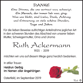 Traueranzeige von Ruth Ackermann von Super Sonntag Zeitz