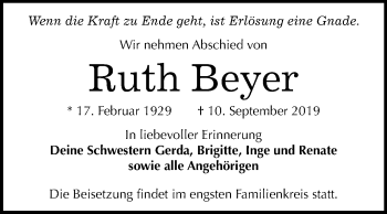 Traueranzeige von Ruth Beyer von Mitteldeutsche Zeitung Weißenfels
