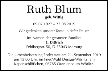 Traueranzeige von Ruth Blum von Mitteldeutsche Zeitung Dessau-Roßlau