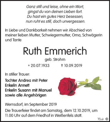 Traueranzeige von Ruth Emmerich von Mitteldeutsche Zeitung Weißenfels