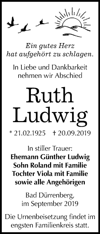 Traueranzeige von Ruth Ludwig von Mitteldeutsche Zeitung Merseburg/Querfurt