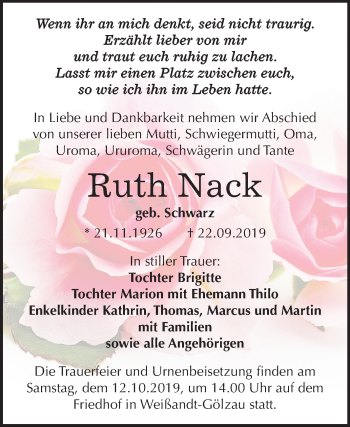 Traueranzeige von Ruth Nack von Super Sonntag Köthen