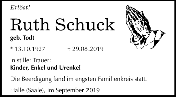 Traueranzeige von Ruth Schuck von Mitteldeutsche Zeitung Halle/Saalkreis