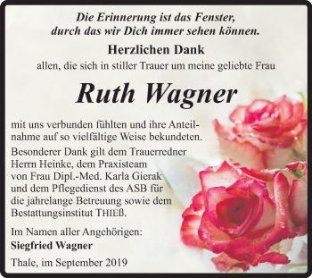 Traueranzeige von Ruth Wagner von Mitteldeutsche Zeitung Quedlinburg