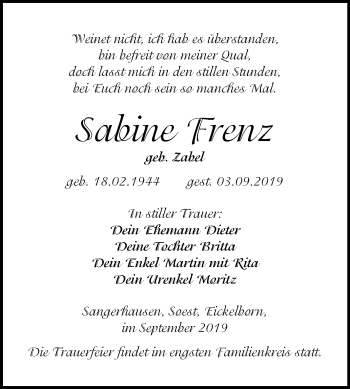 Traueranzeige von Sabine Frenz von Super Sonntag Sangerhausen