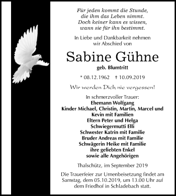 Traueranzeige von Sabine Gühne von Mitteldeutsche Zeitung Merseburg/Querfurt