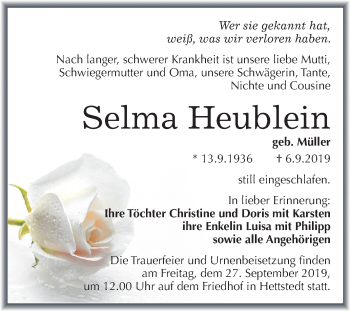 Traueranzeige von Selma Heublein von Wochenspiegel Mansfelder Land