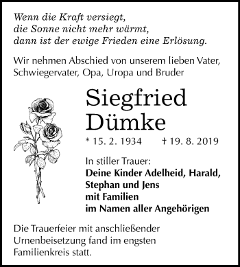 Traueranzeige von Siegfried Dümke von Mitteldeutsche Zeitung Halle/Saalkreis