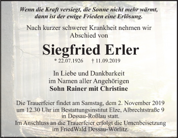 Traueranzeige von Siegfried Erler von Super Sonntag Dessau-Roßlau