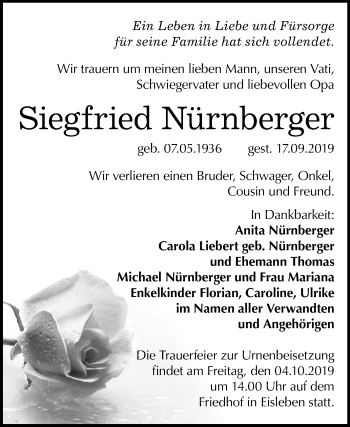 Traueranzeige von Siegfried Nürnberger von Super Sonntag Mansfelder Land