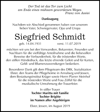 Traueranzeige von Siegfried Schmidt von Mitteldeutsche Zeitung Wittenberg