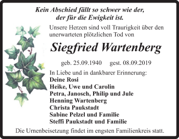 Traueranzeige von Siegfried Wartenberg von Super Sonntag Quedlinburg