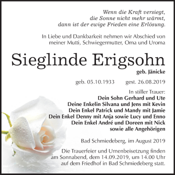 Traueranzeige von Sieglinde Erigsohn von Mitteldeutsche Zeitung Wittenberg