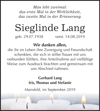 Traueranzeige von Sieglinde Lang von Super Sonntag Mansfelder Land