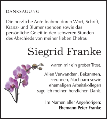 Traueranzeige von Siegrid Franke von Super Sonntag Dessau-Roßlau