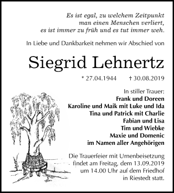 Traueranzeige von Siegrid Lehnertz von Mitteldeutsche Zeitung Sangerhausen