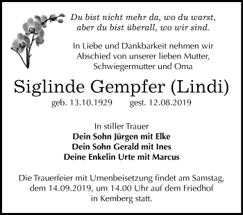 Traueranzeige von Siglinde Gempfer von Super Sonntag Wittenberg