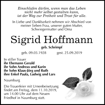 Traueranzeige von Sigrid Hoffmann von Mitteldeutsche Zeitung Naumburg/Nebra
