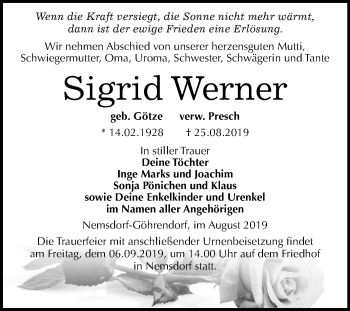 Traueranzeige von Sigrid Werner von Mitteldeutsche Zeitung Merseburg/Querfurt