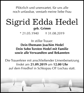 Traueranzeige von Sigrid Edda Hedel von Mitteldeutsche Zeitung Halle/Saalkreis