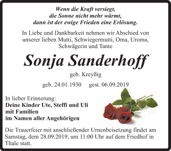 Traueranzeige von Sonja Sanderhoff von Mitteldeutsche Zeitung Quedlinburg
