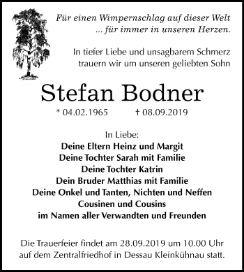 Traueranzeige von Stefan Bodner von Super Sonntag Dessau-Roßlau