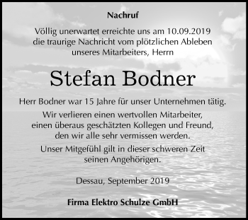 Traueranzeige von Stefan Bodner von Mitteldeutsche Zeitung Dessau-Roßlau