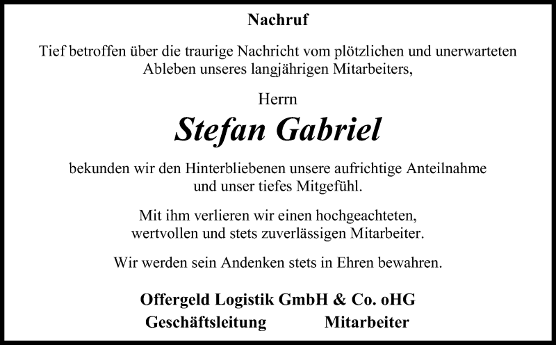  Traueranzeige für Stefan Gabriel vom 14.09.2019 aus Mitteldeutsche Zeitung Zeitz