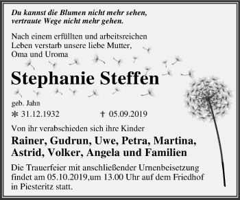 Traueranzeige von Stephanie Steffen von Mitteldeutsche Zeitung Wittenberg