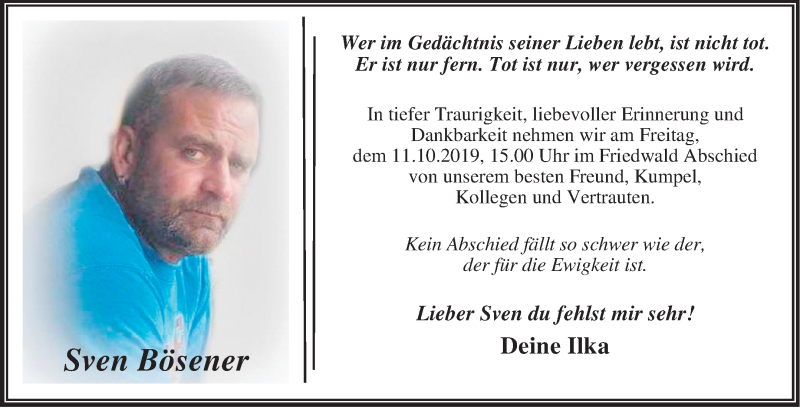  Traueranzeige für Sven Bösener vom 27.09.2019 aus Mitteldeutsche Zeitung Dessau-Roßlau