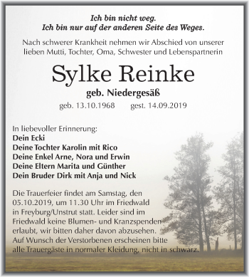 Traueranzeige von Sylke Reinke von Mitteldeutsche Zeitung Merseburg/Querfurt