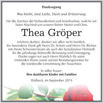 Traueranzeige von Thea Gröper von Super Sonntag Mansfelder Land
