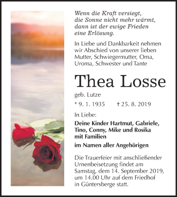 Traueranzeige von Thea Losse von Mitteldeutsche Zeitung Quedlinburg