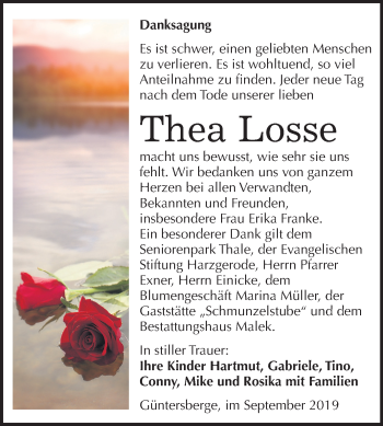 Traueranzeige von Thea Losse von Mitteldeutsche Zeitung Quedlinburg