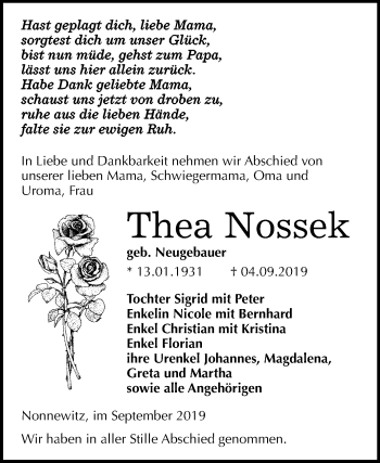 Traueranzeige von Thea Nossek von Super Sonntag Zeitz