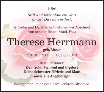 Traueranzeige von Therese Herrmann von Mitteldeutsche Zeitung Weißenfels