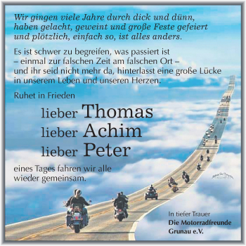 Traueranzeige von Thomas, Achim und Peter  von Wochenspiegel Weißenfels